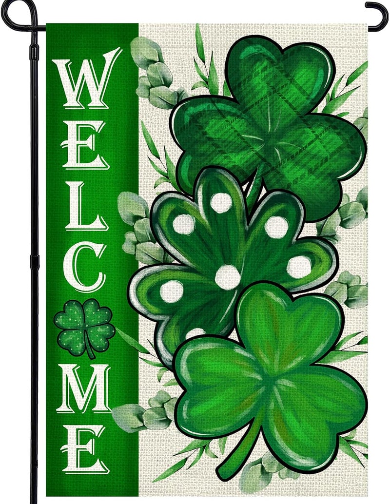 Agroon St Patricks Day Shamrocks Garden Flag 12x18 Inch, Double Sided Green Clovers Welcome Flag for Yard Outdoor Decoration - Image 1